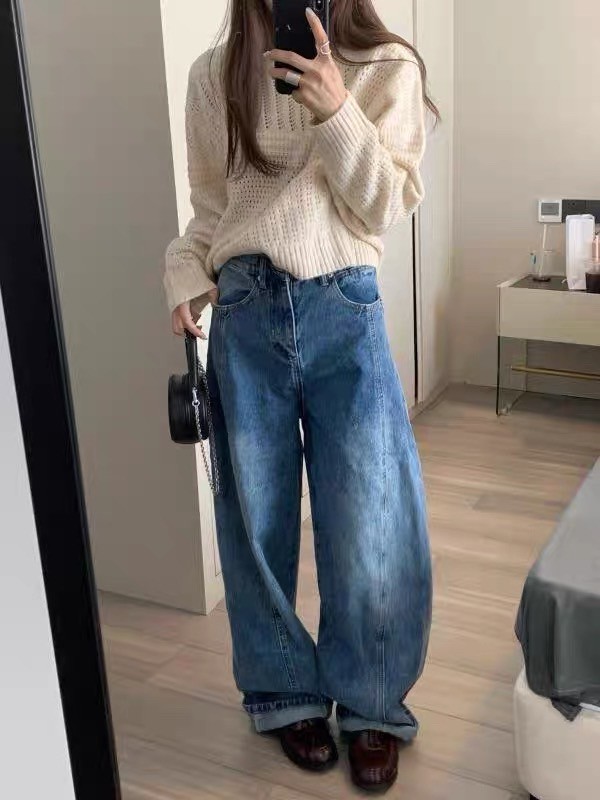 秋冬美式復古弧型拼接牛仔褲高腰寬腿顯瘦休閒長褲