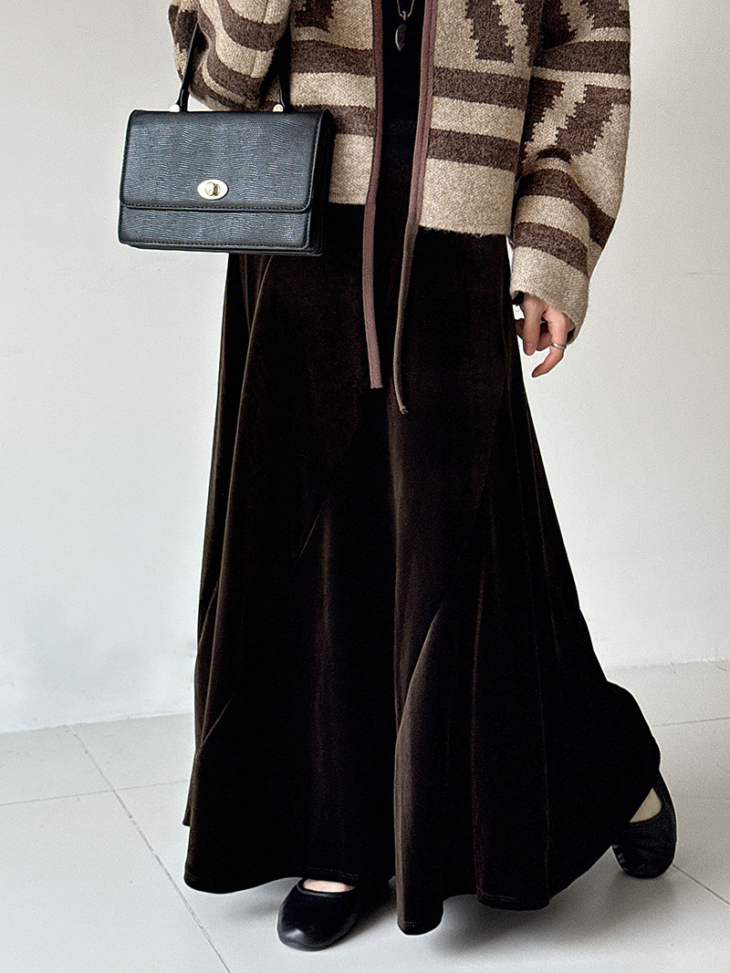 韓系氣質金絲絨百摺長裙