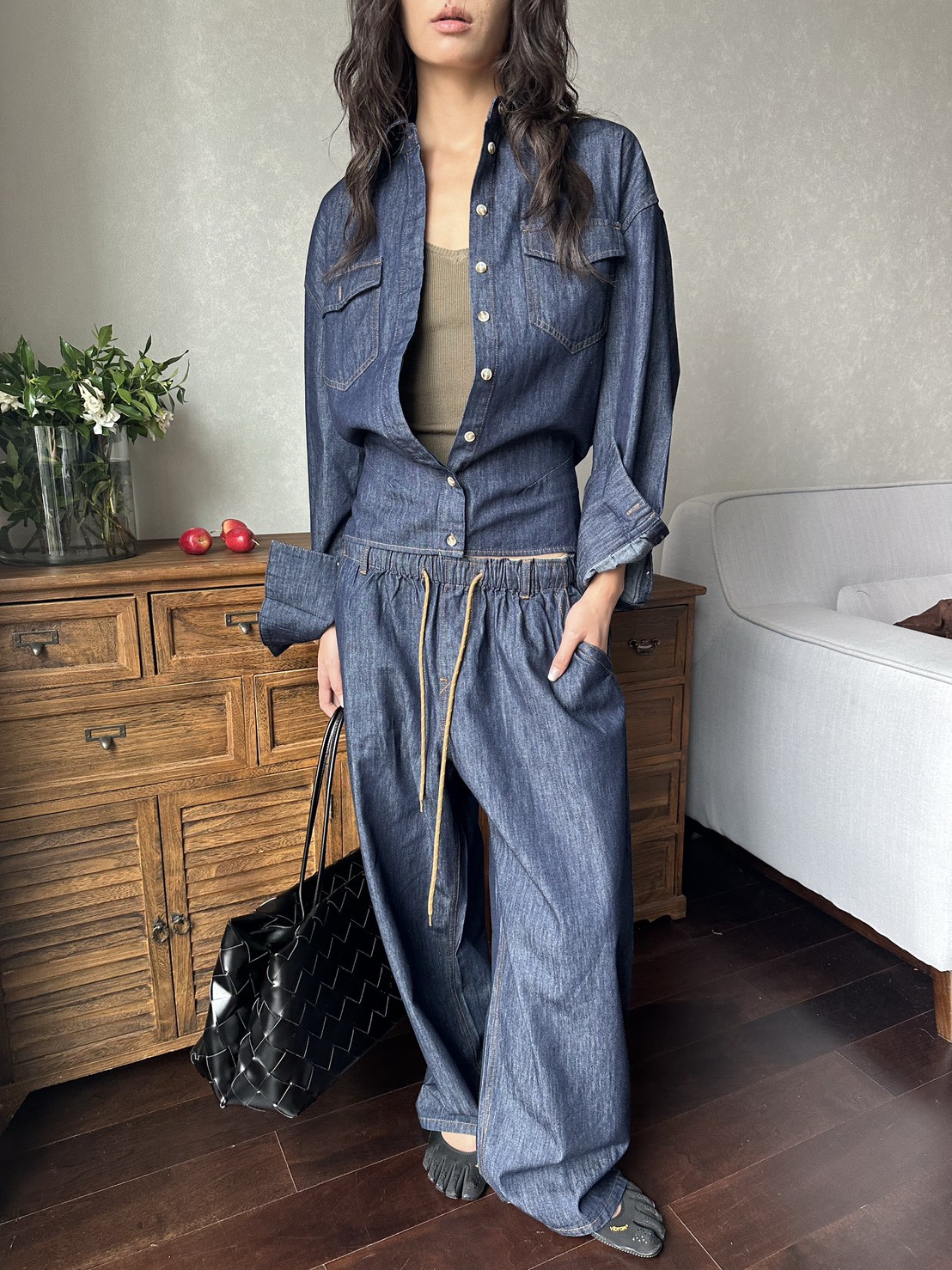 原牛可收腰落肩廓形長褲套裝