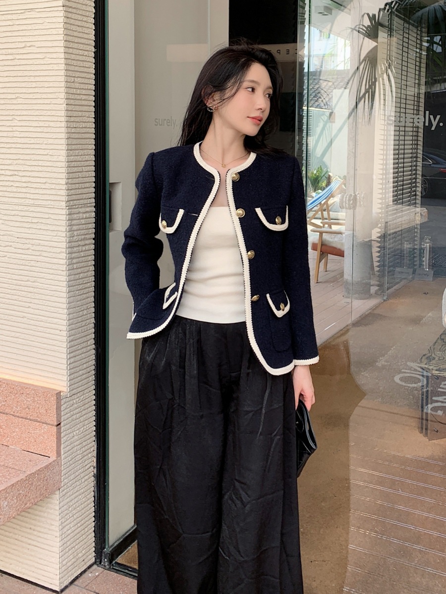 高知風穿搭法式粗花呢外套深藍色氣質小香風上衣