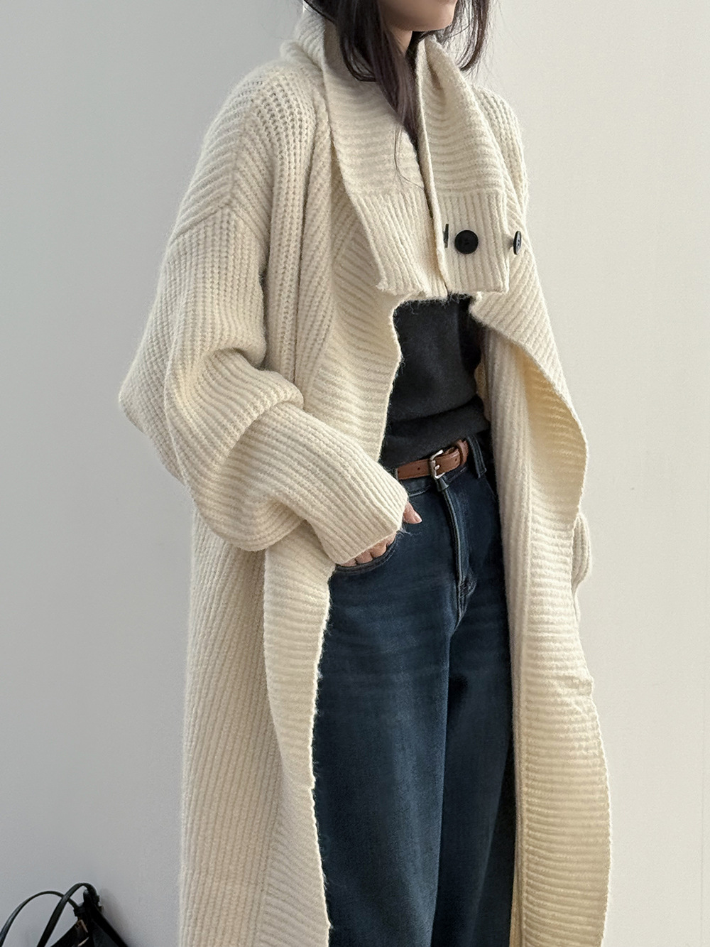 大翻領長款針織開衫外套