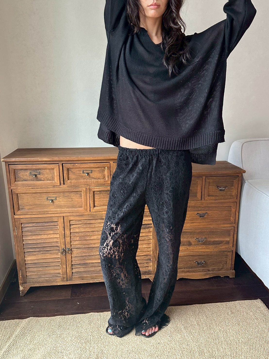 V領亞麻不規則針織鏤空罩衫