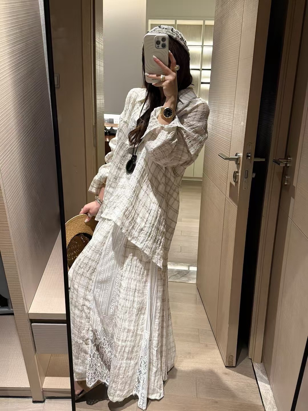 亞麻天絲暗格襯衫拼接蕾絲半身裙3