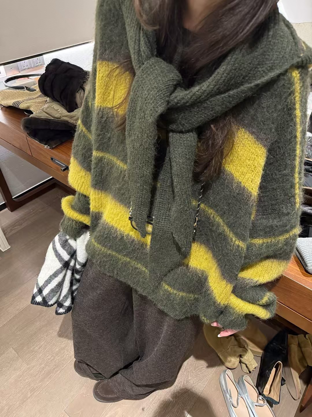 羊毛毛每馬條紋帽子寬鬆毛衣