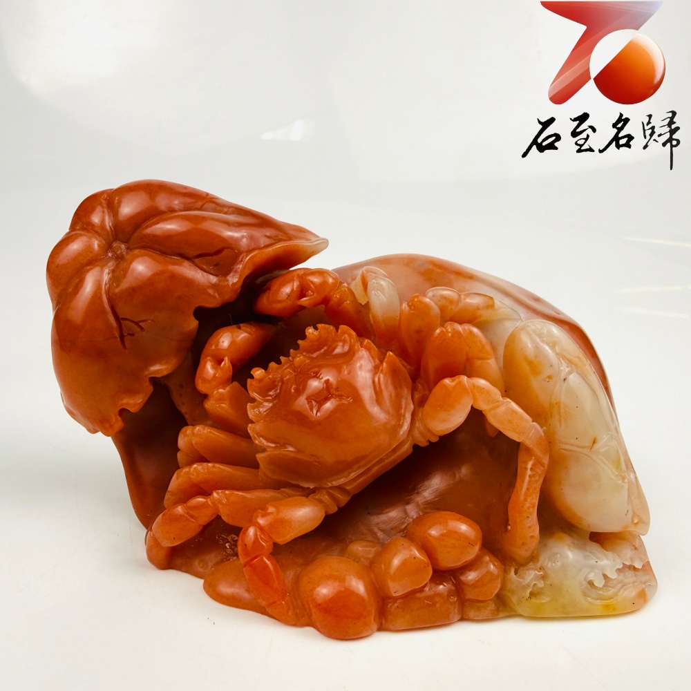 老撾石手工精雕 張國民老師作品【荷香蟹影・連年有福】1