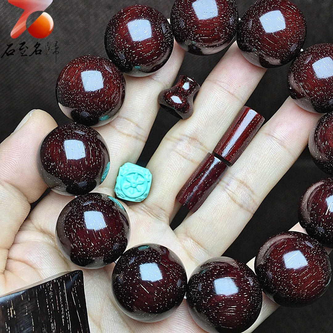 印度小葉紫檀老料頂級爆滿金星泥料酒紅色【酒紅無事牌】20mm手珠