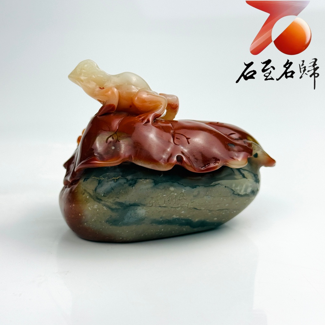 老撾石手工精雕 張國民老師作品【雙蛙戲荷・呱呱來財】5