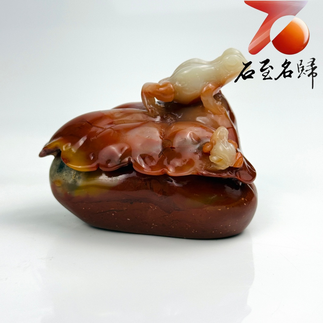 老撾石手工精雕 張國民老師作品【雙蛙戲荷・呱呱來財】2