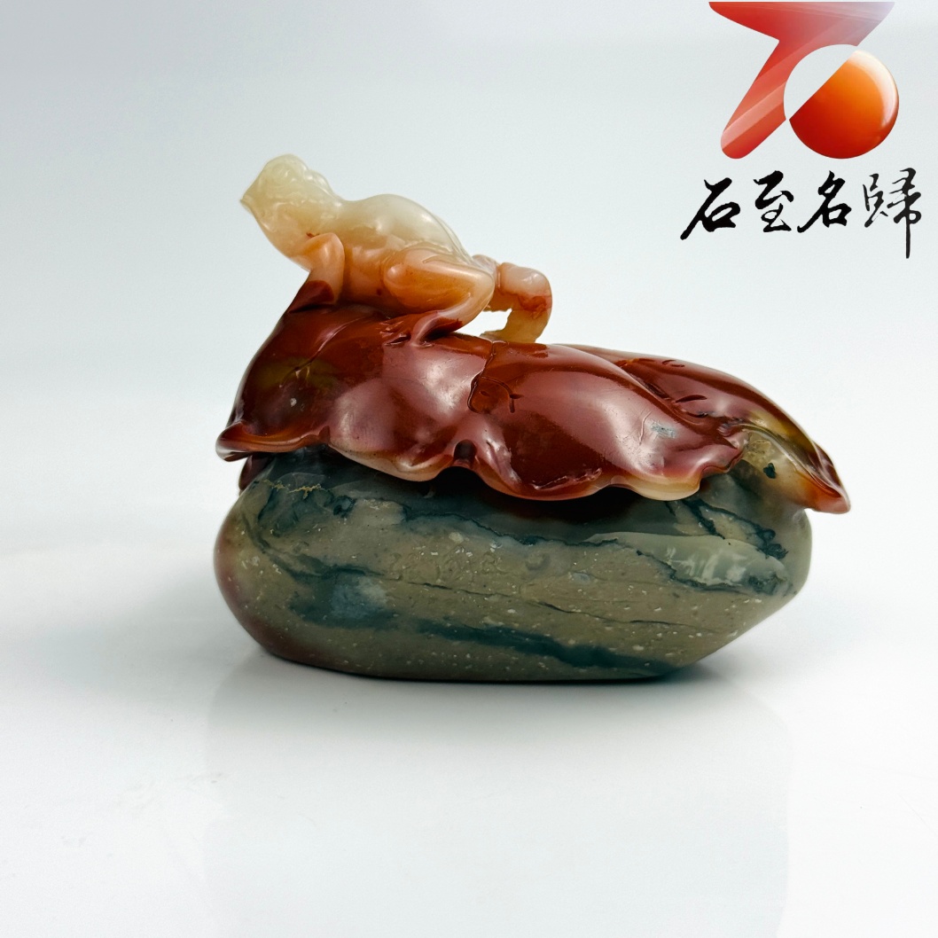 老撾石手工精雕 張國民老師作品【雙蛙戲荷・呱呱來財】7