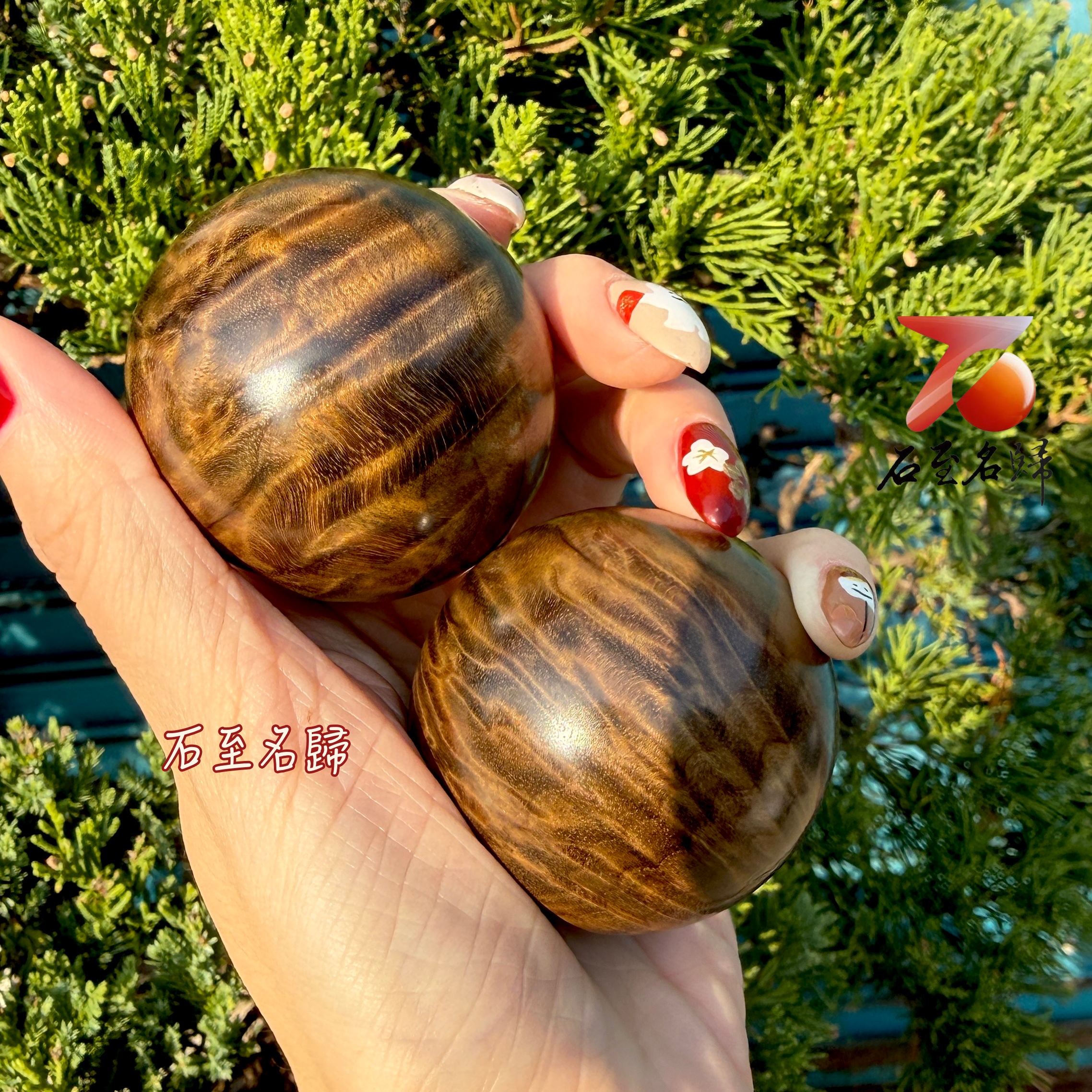 天然頂級金絲楠木烏木老料 超爆滿水波 × 罕見龍膽紋保健球收藏套組2