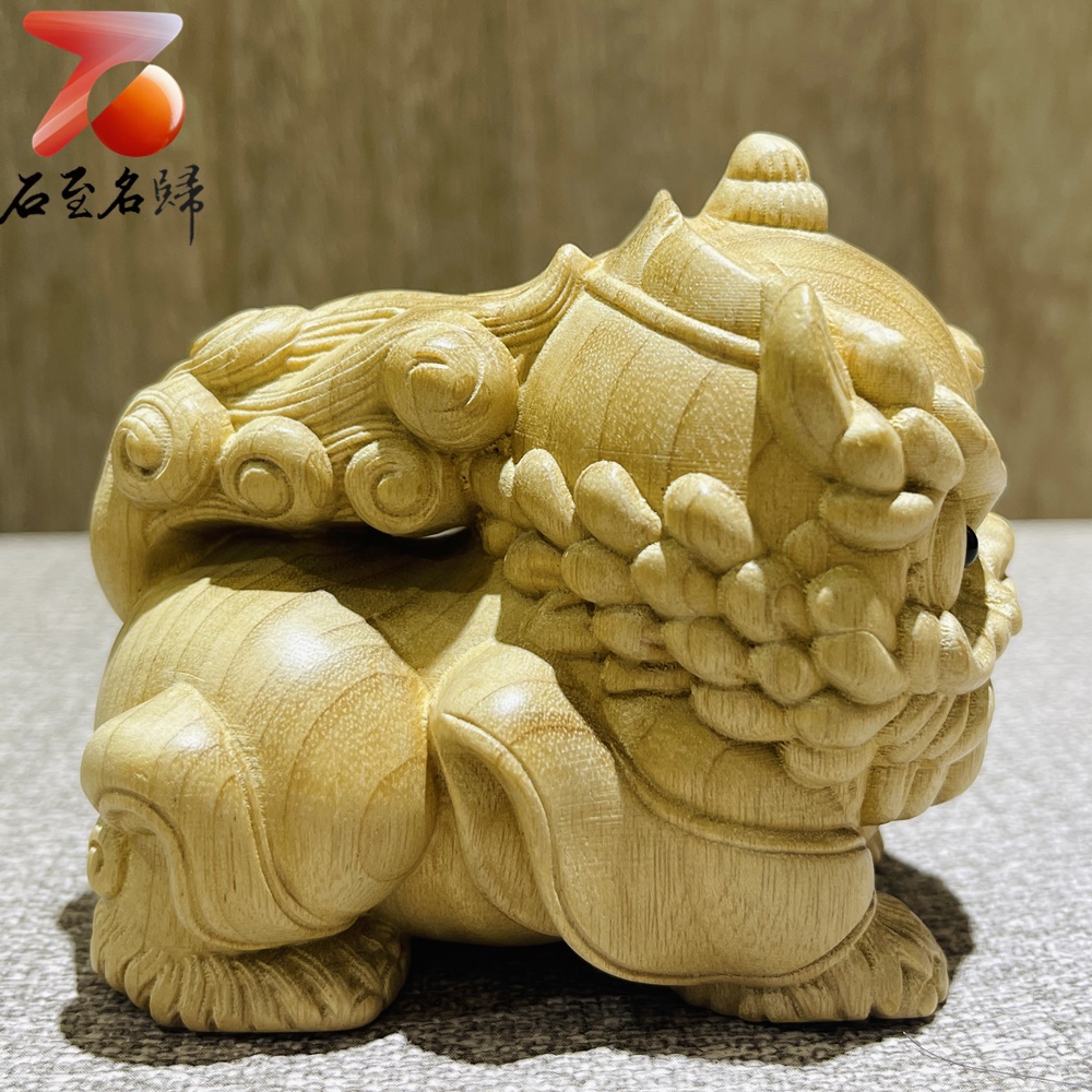 金絲楠木小葉楨楠招財開運木雕【Q版醒獅】 - 石至名歸