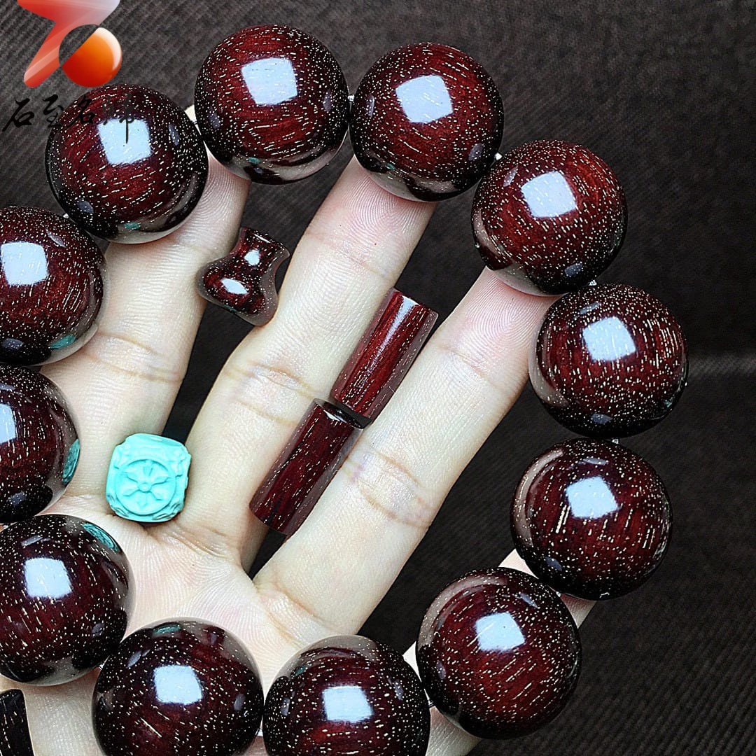 最安値級価格 印度小葉紫檀老料頂級爆滿金星泥料酒紅色【酒紅無事牌】20mm手珠 木工、竹工芸