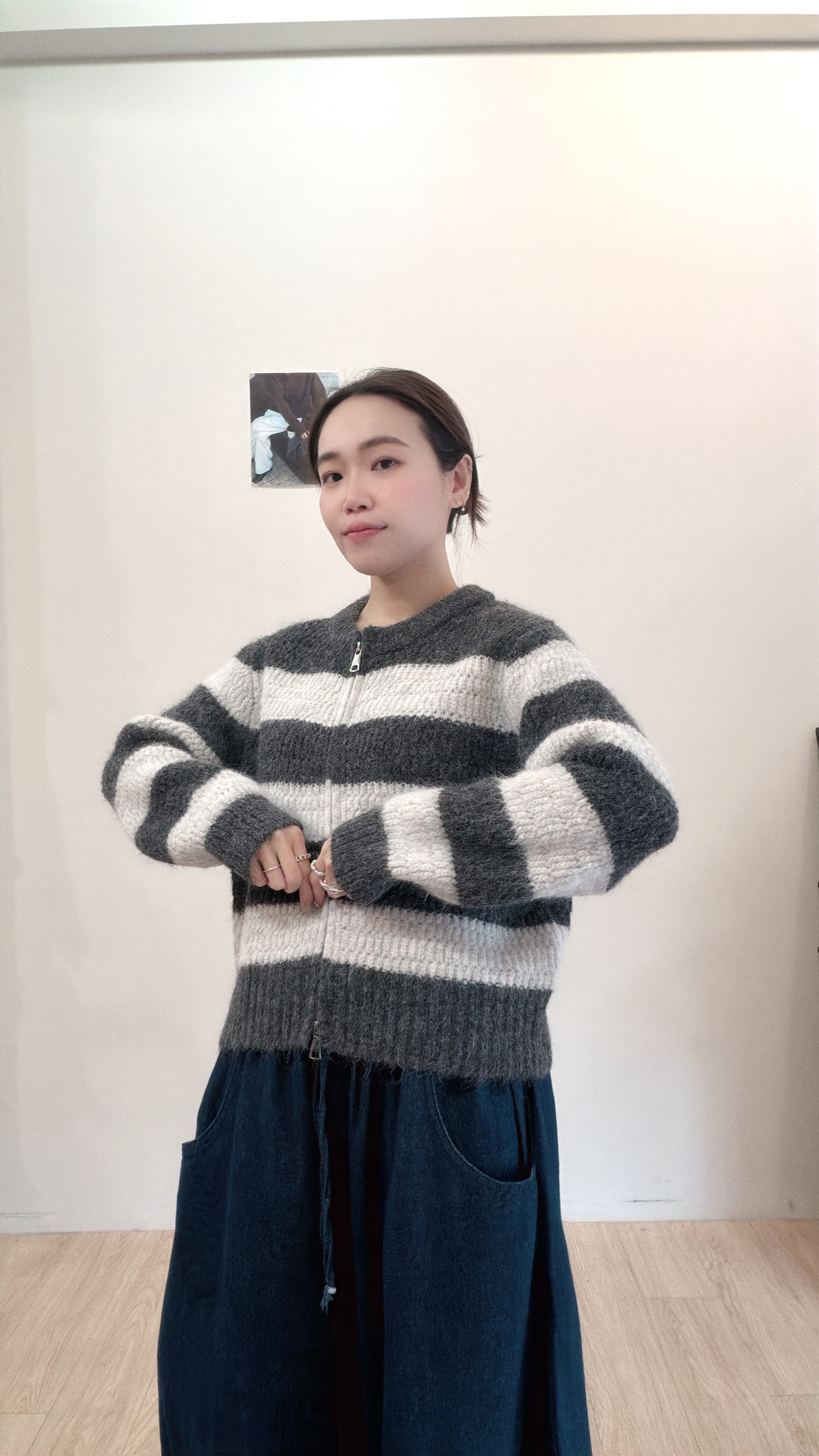 條紋雙拉鏈毛衣外套