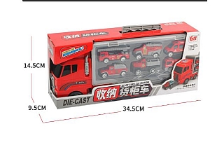 卡車貨櫃車消防附六台小車挖土機合金818-2A模擬汽車模型套組3