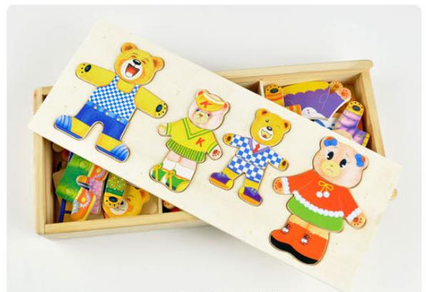 木製玩具 小熊換衣遊戲盒 穿衣遊戲 寶寶木製益智積木玩具更衣3