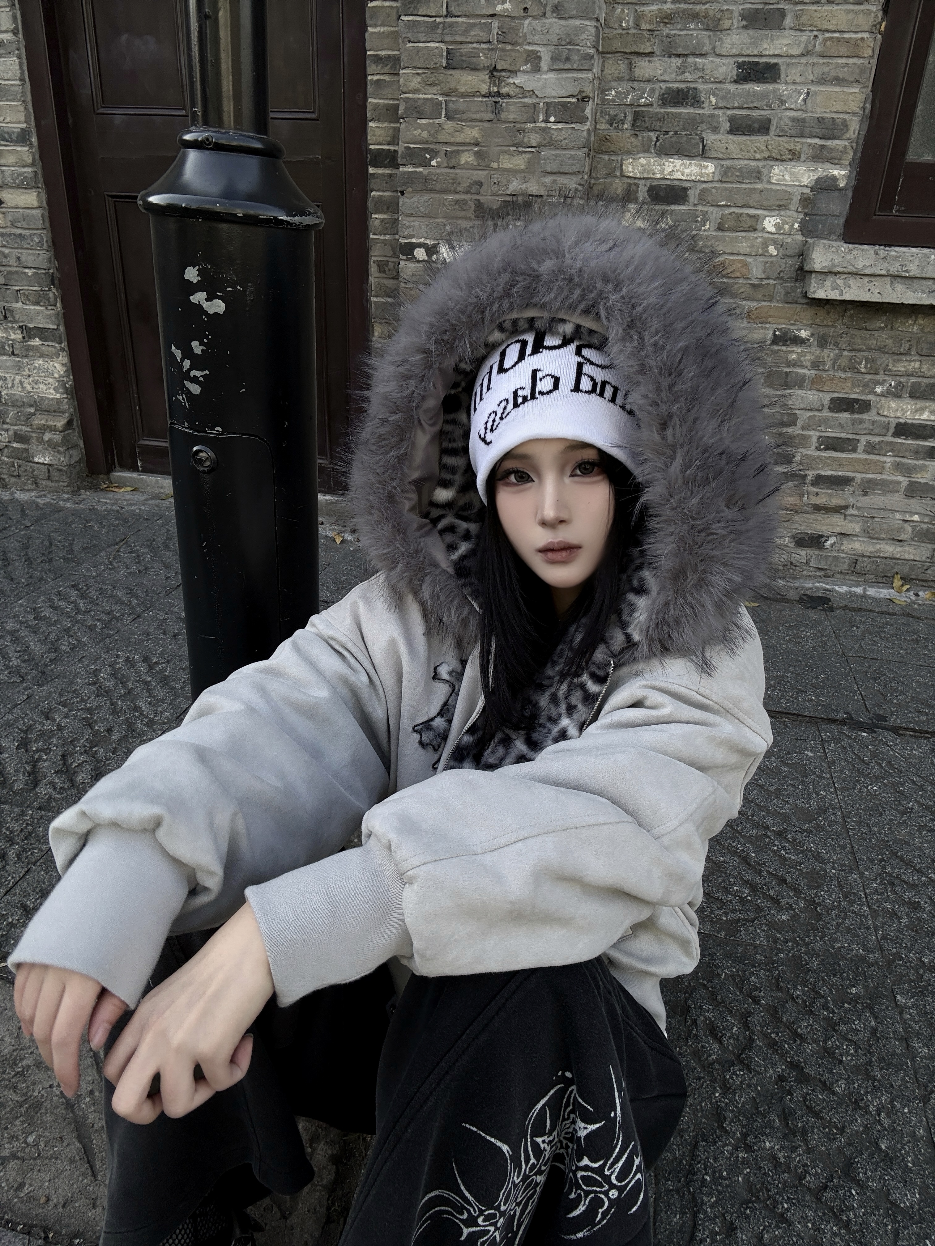 重磅!質感灰色豹紋巨大毛邊外套7