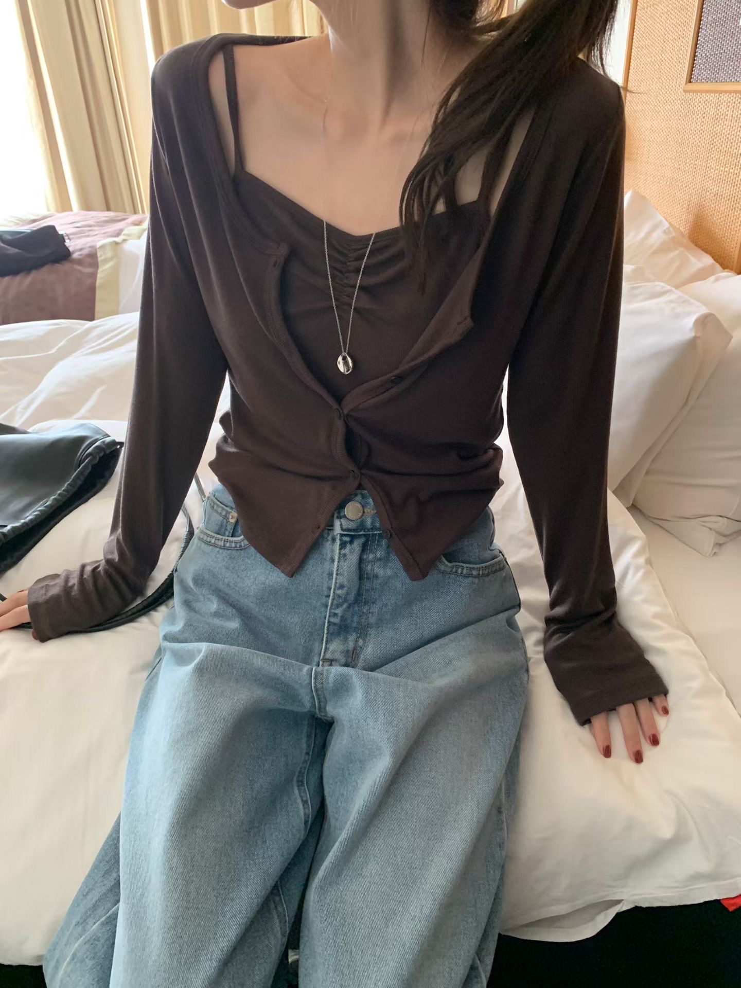 CB24 甜美抓皺假兩件式上衣 2色5