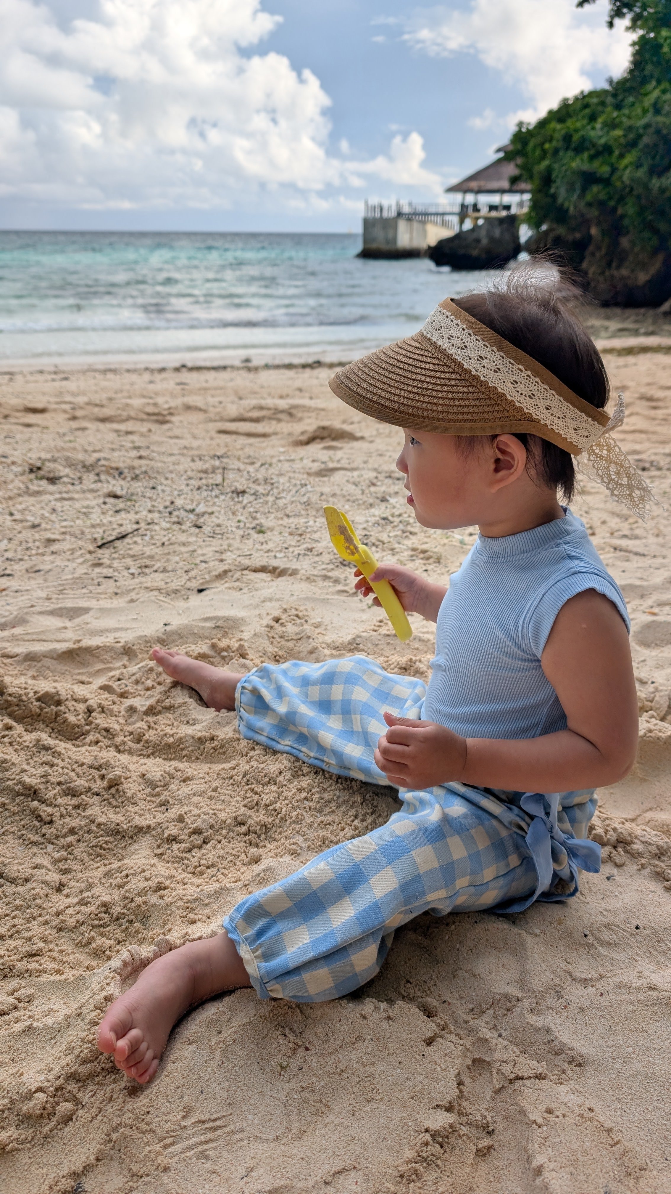 天空藍背心格紋闊腿褲 二件套