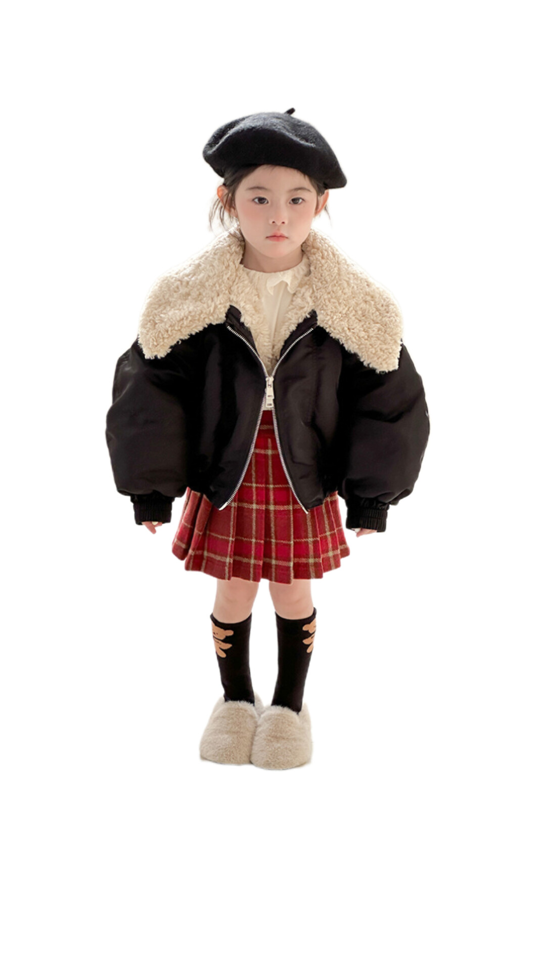 毛毛大翻領夾克(軍綠/黑)