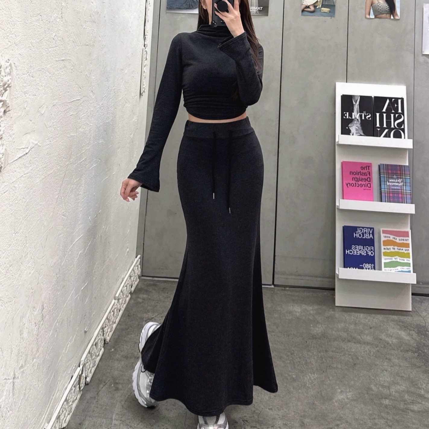 喇叭袖高領+魚尾長裙套裝