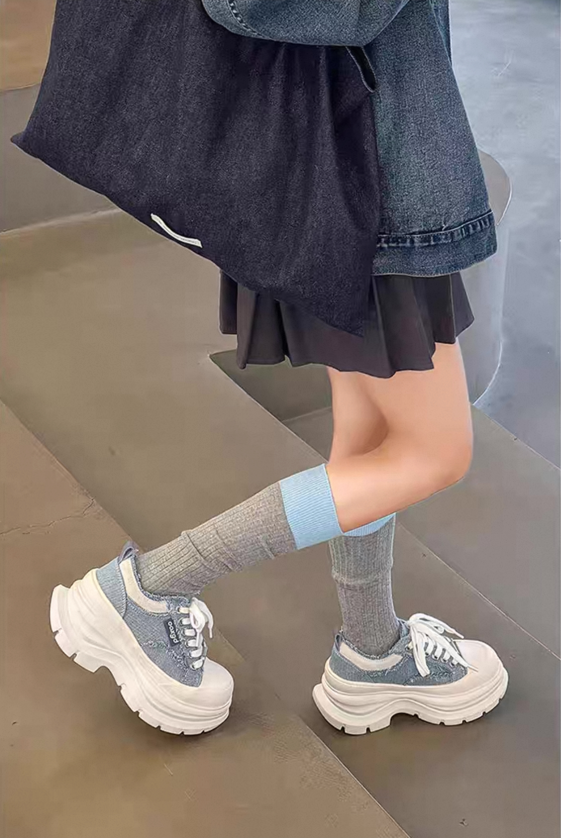 韓國 AL 六公分弧刀牛仔單寧厚底板鞋 (男女)12