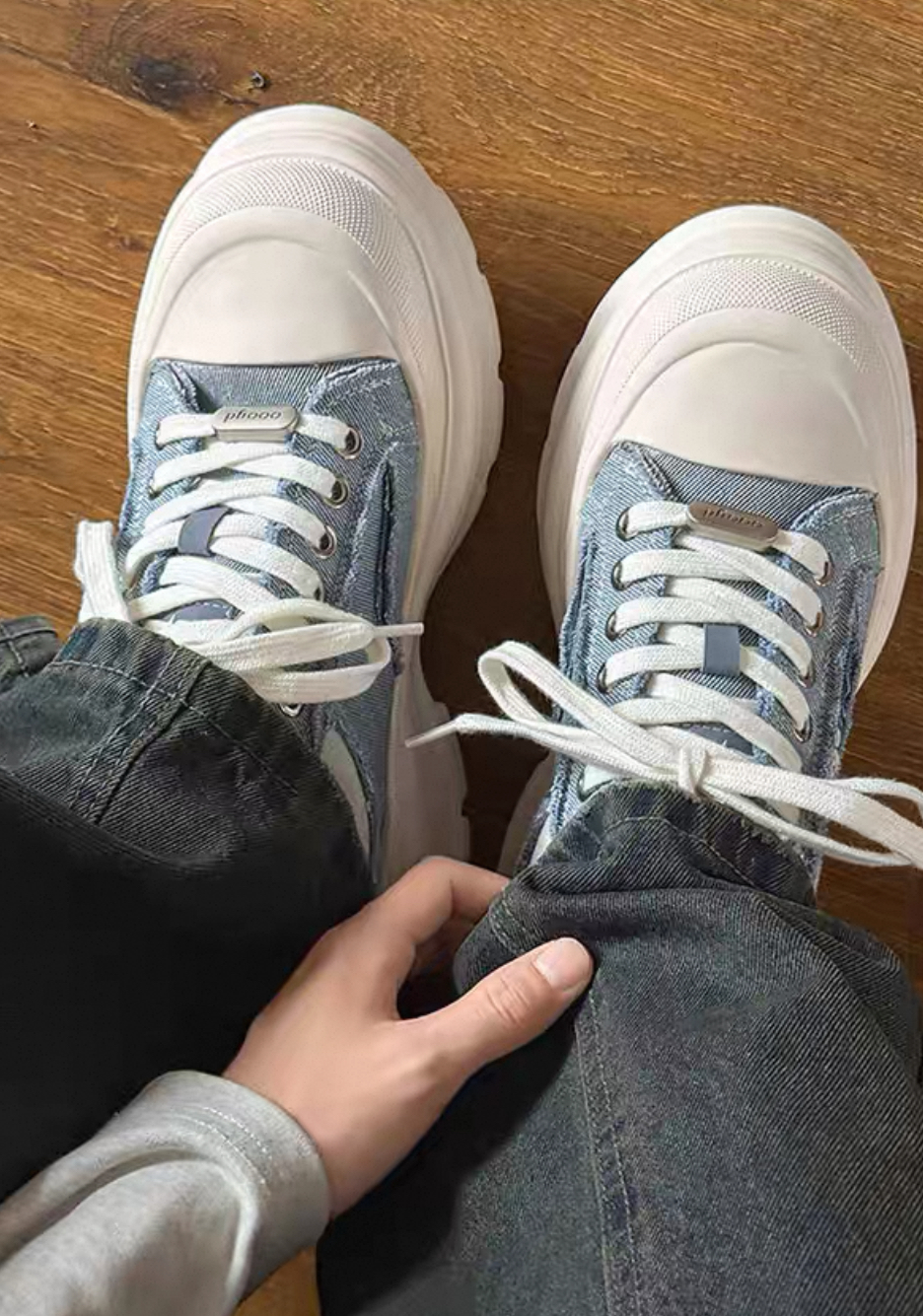 韓國 AL 六公分弧刀牛仔單寧厚底板鞋 (男女)10