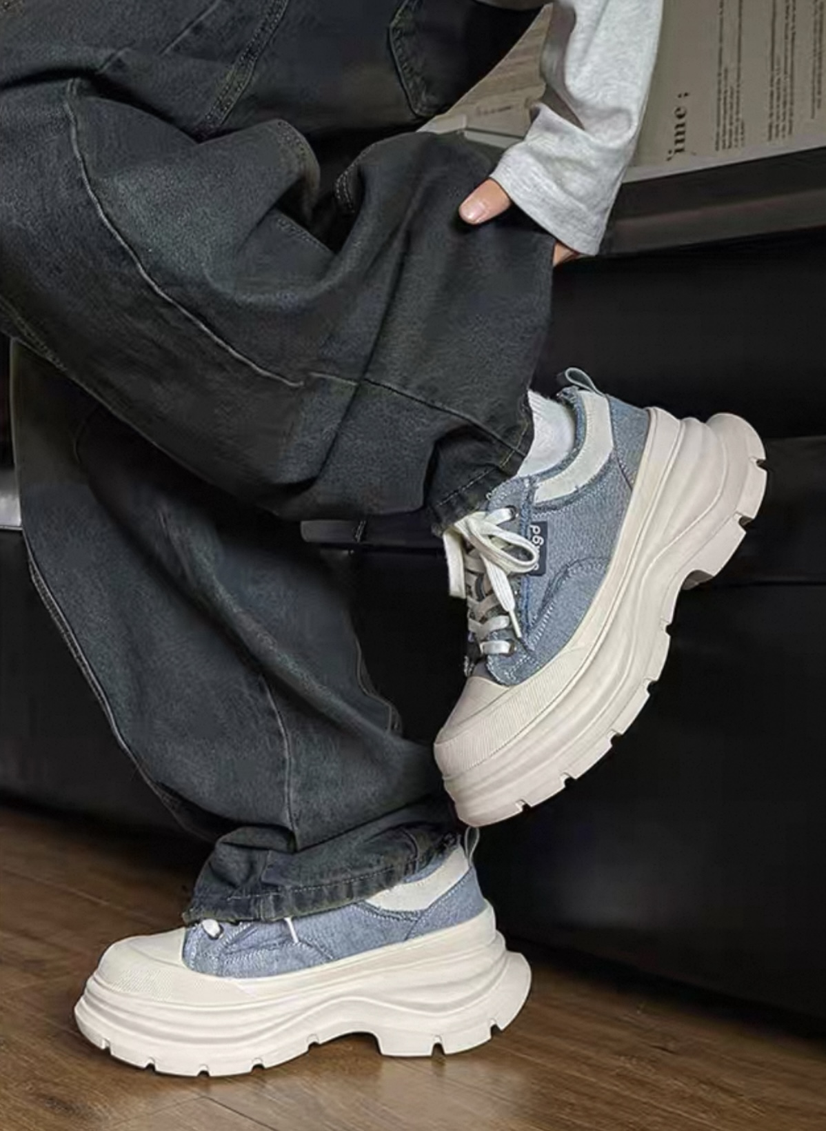 韓國 AL 六公分弧刀牛仔單寧厚底板鞋 (男女)1