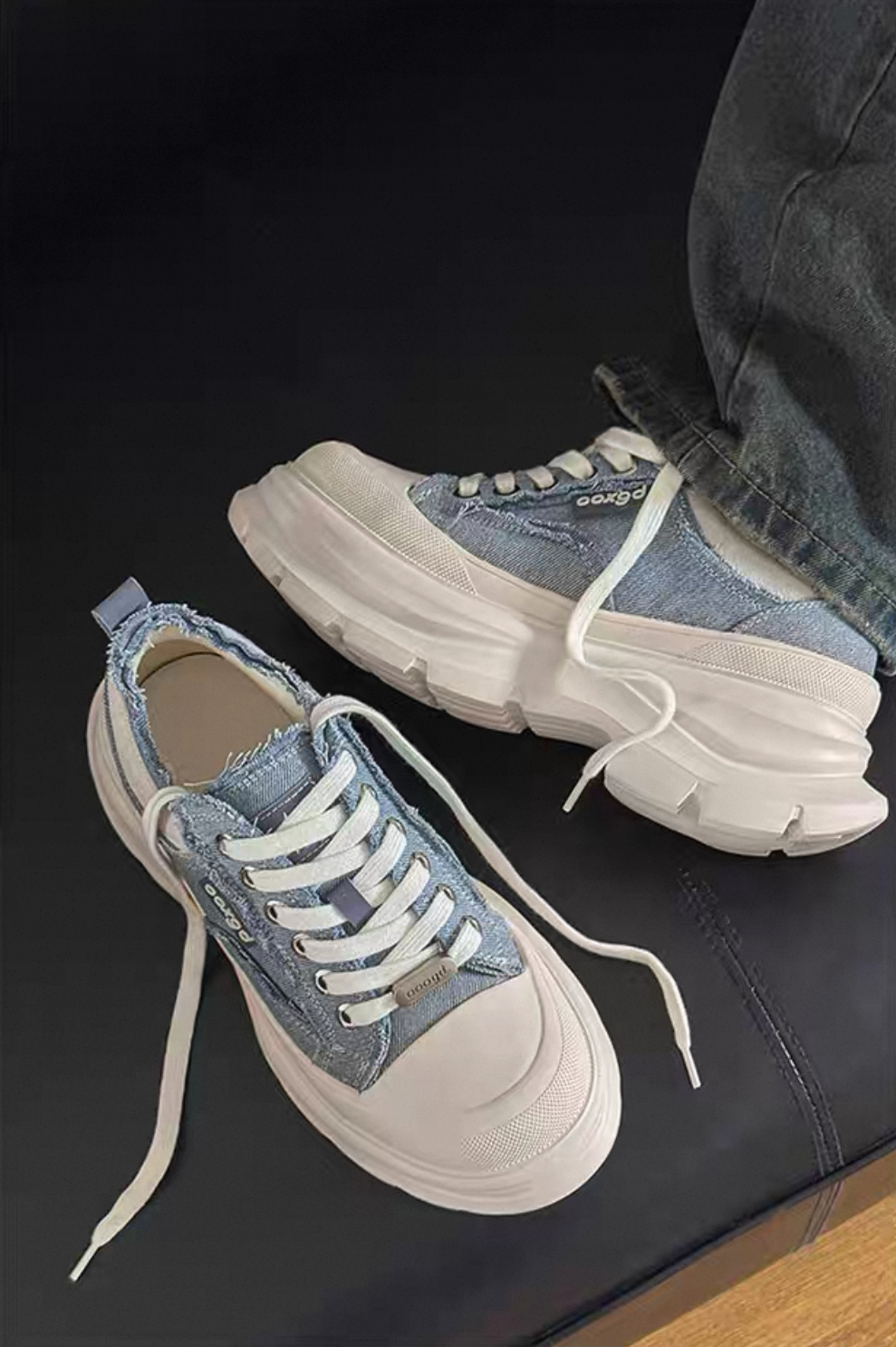 韓國 AL 六公分弧刀牛仔單寧厚底板鞋 (男女)9