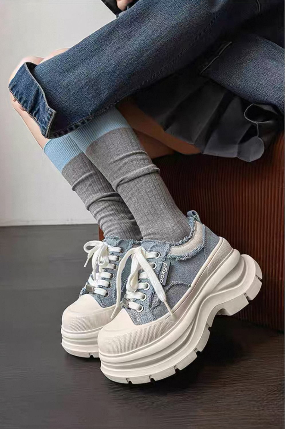 韓國 AL 六公分弧刀牛仔單寧厚底板鞋 (男女)3