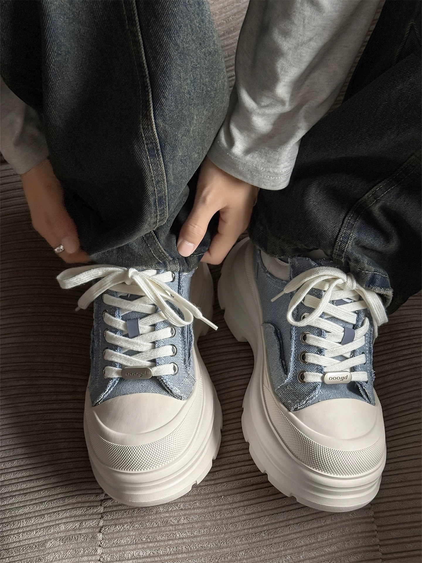 韓國 AL 六公分弧刀牛仔單寧厚底板鞋 (男女)15