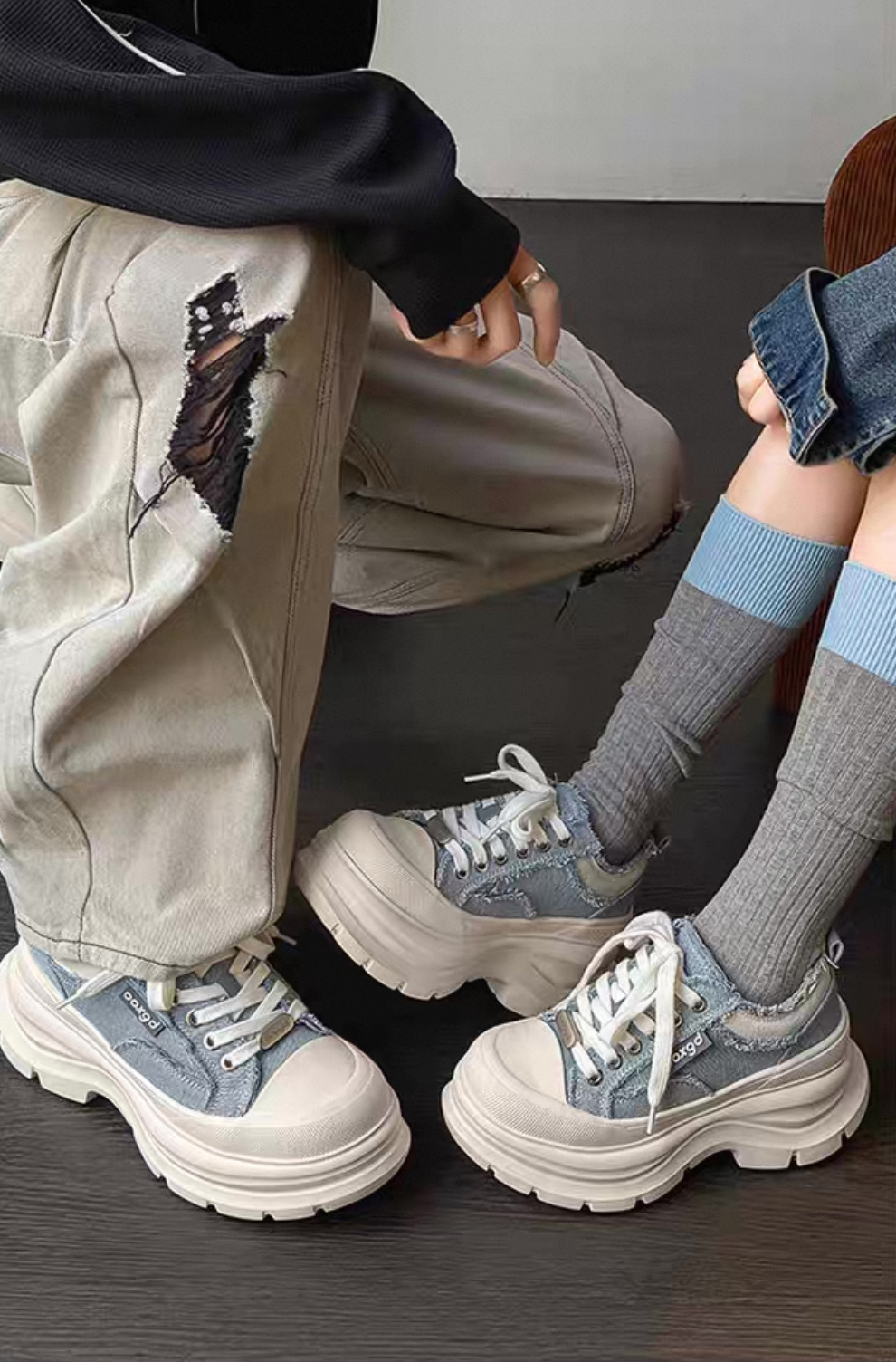 韓國 AL 六公分弧刀牛仔單寧厚底板鞋 (男女)2