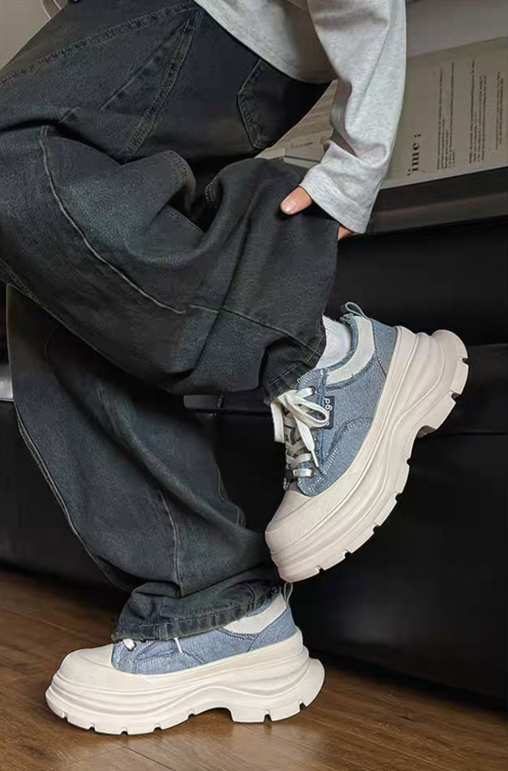 韓國 AL 六公分弧刀牛仔單寧厚底板鞋 (男女)7