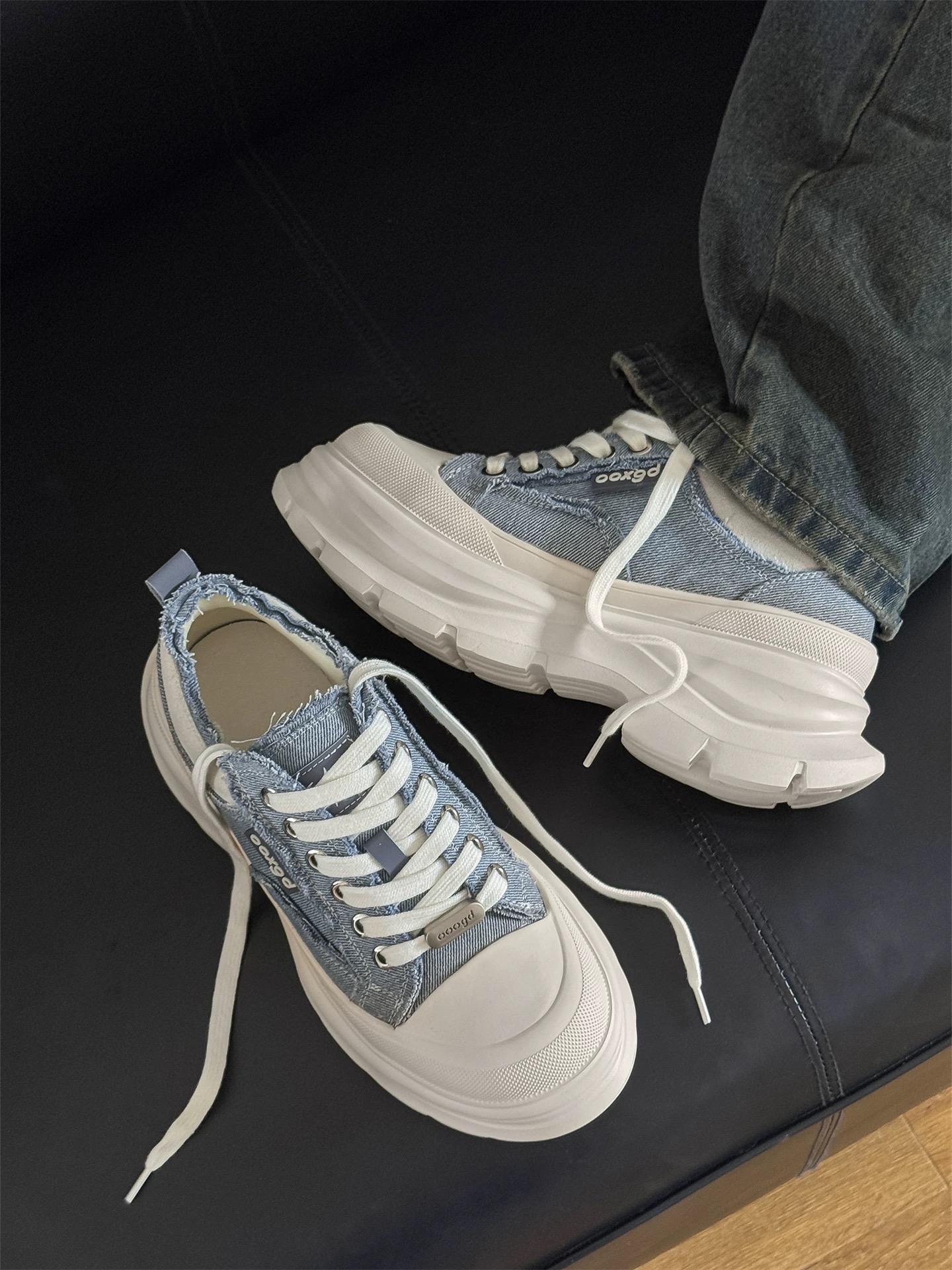 韓國 AL 六公分弧刀牛仔單寧厚底板鞋 (男女)16