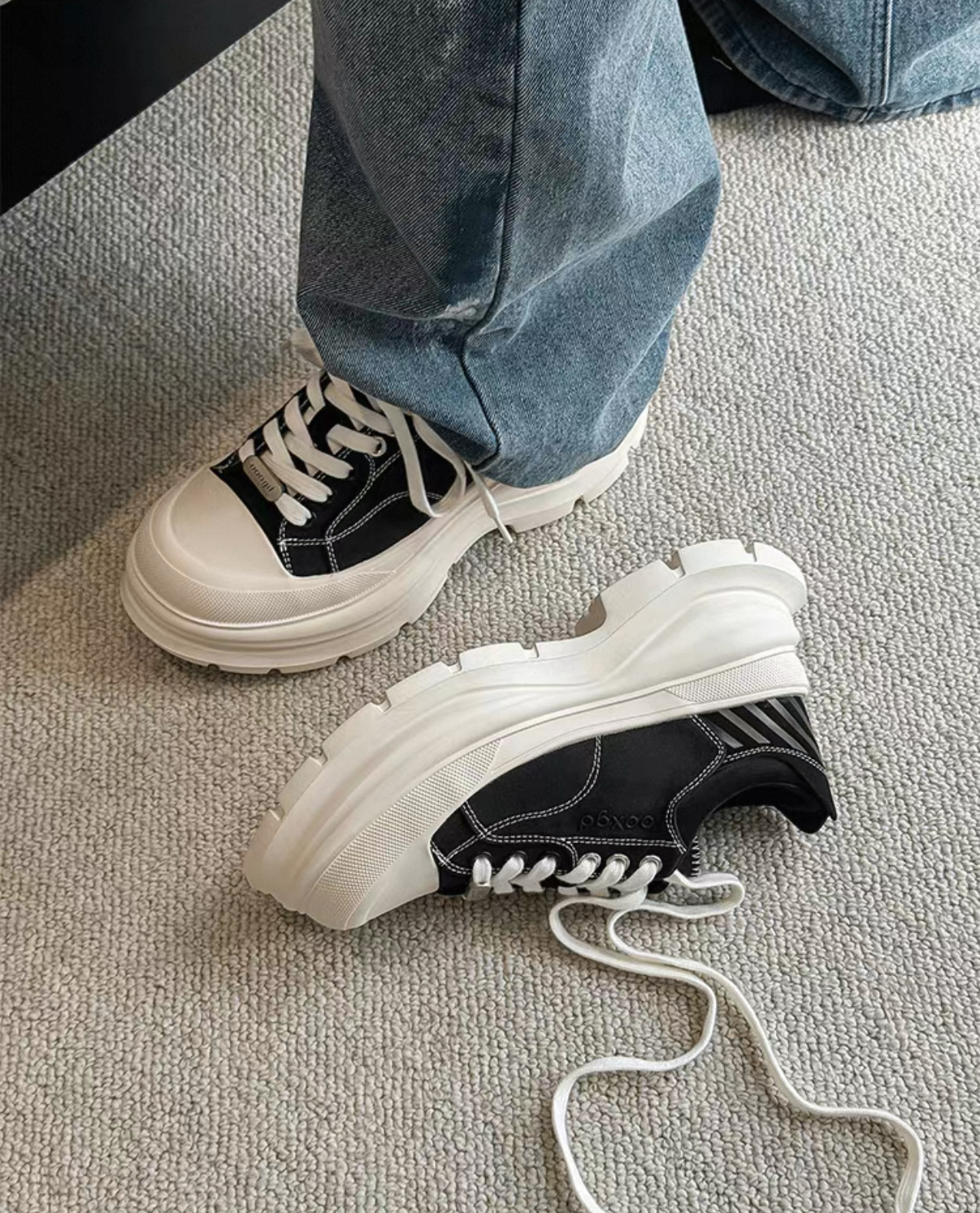 韓國 AL 6.5CM 弧刀熊貓厚底板鞋 (男女)5