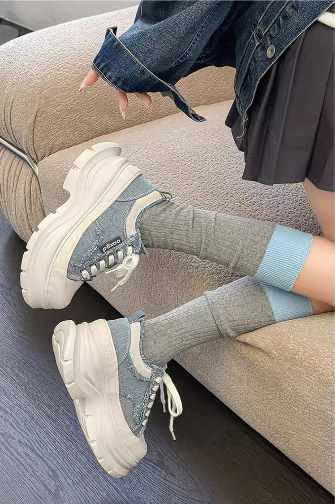 韓國 AL 六公分弧刀牛仔單寧厚底板鞋 (男女)14