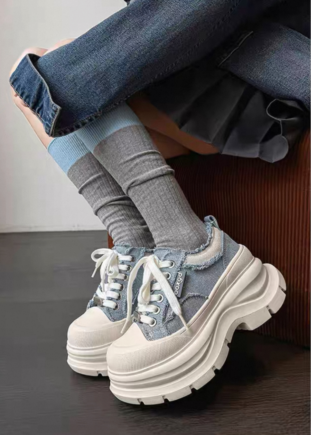 韓國 AL 六公分弧刀牛仔單寧厚底板鞋 (男女)5