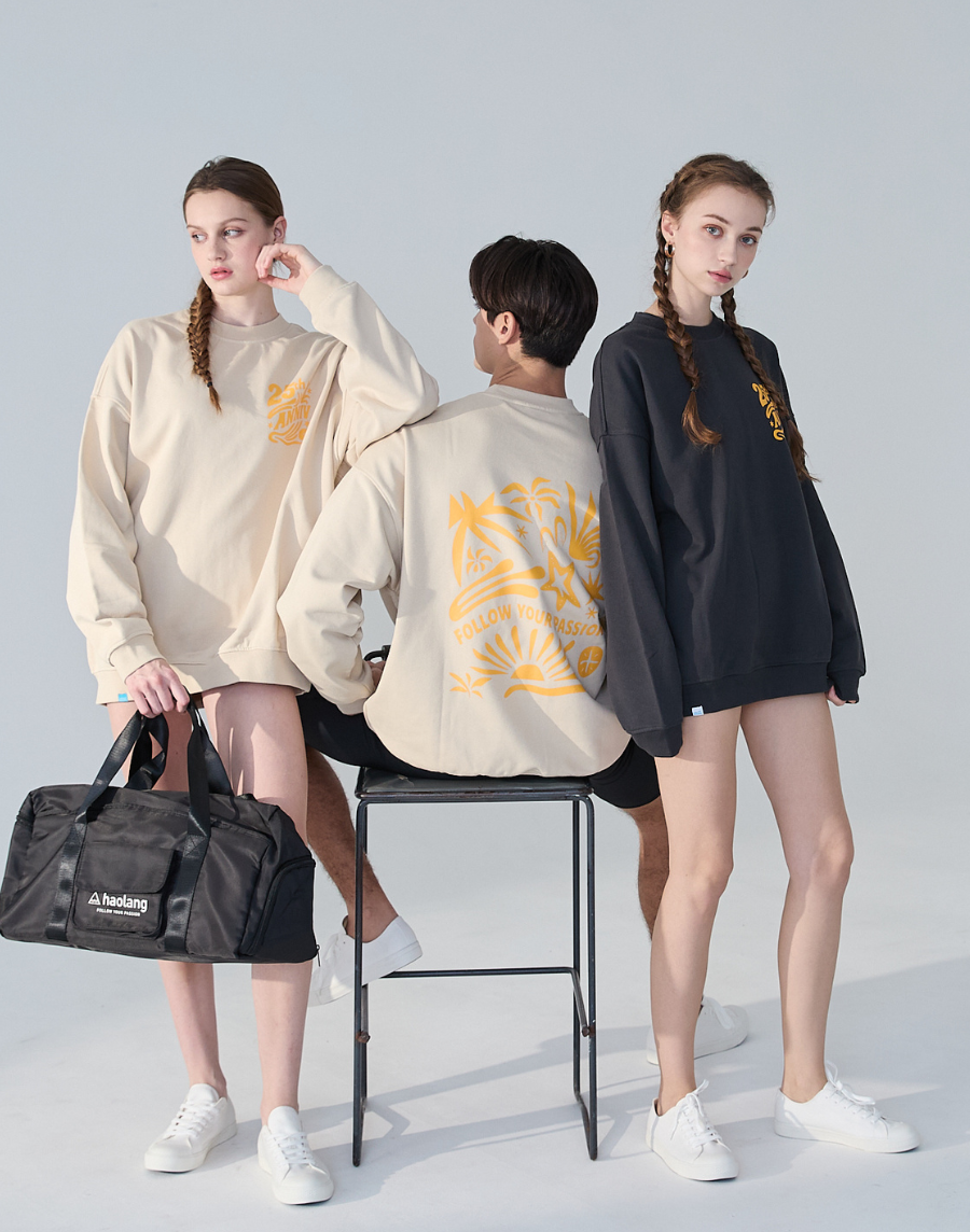 Haolang 中性寬版米杏色大學T