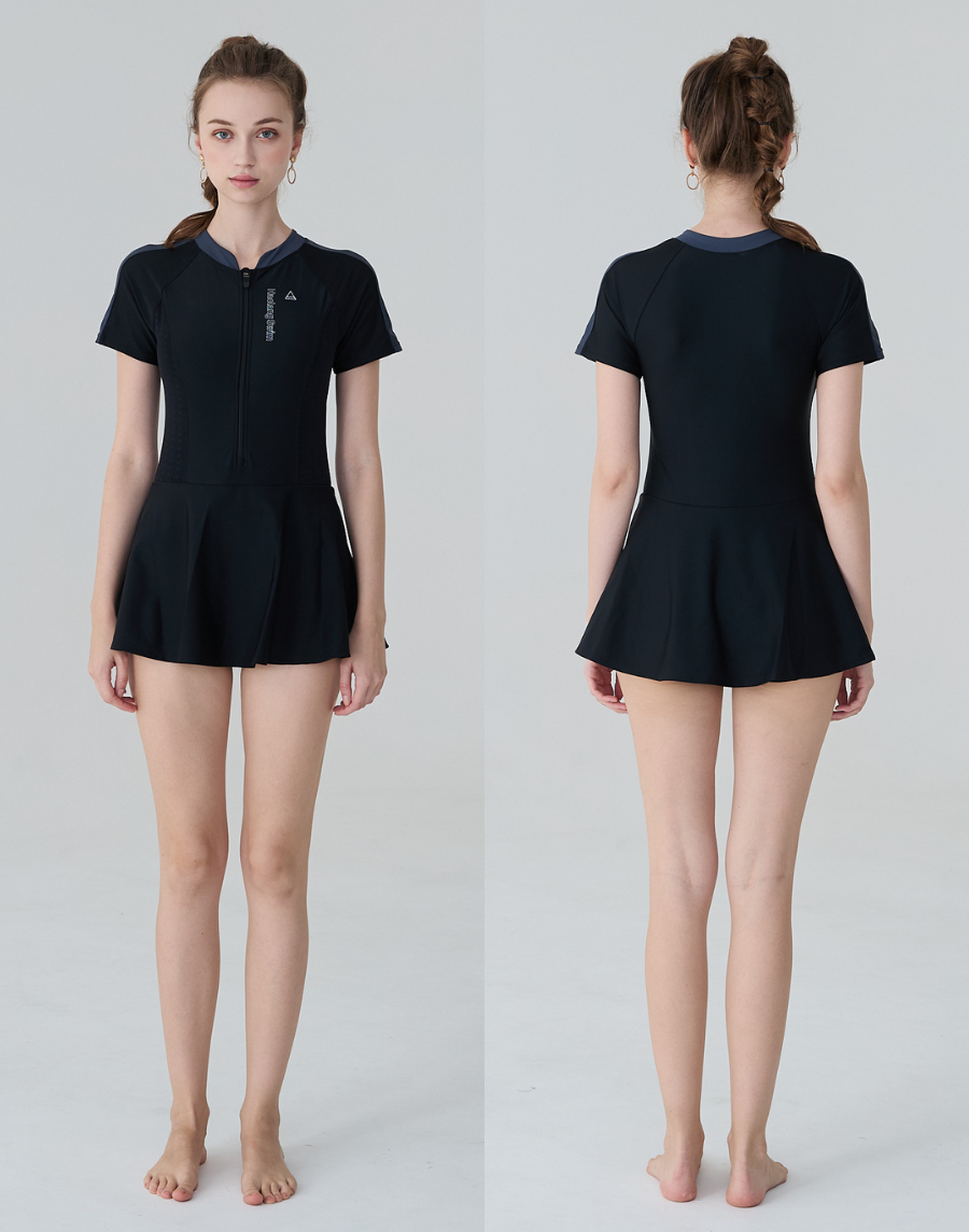 Haolang 經典黑短袖連身裙泳衣