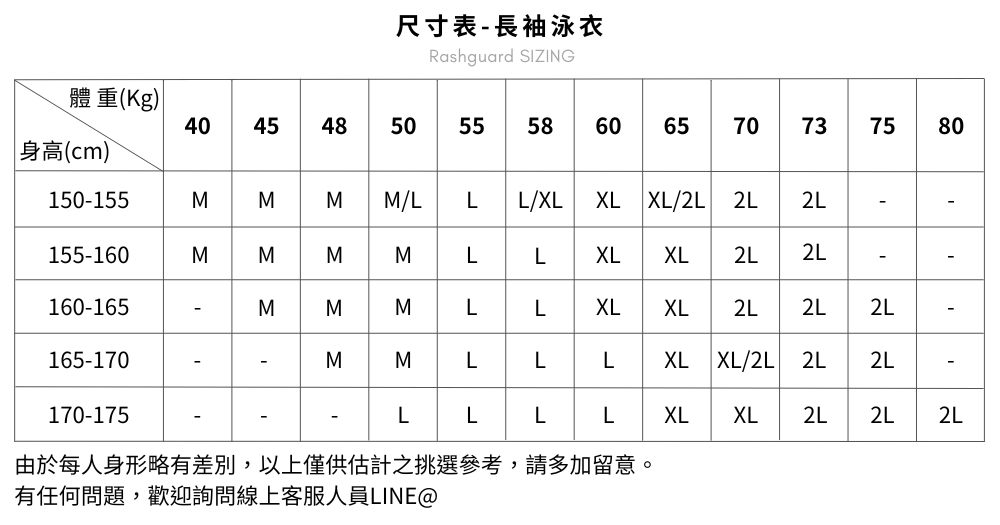 Haolang 尺寸表 -女款長袖泳衣
