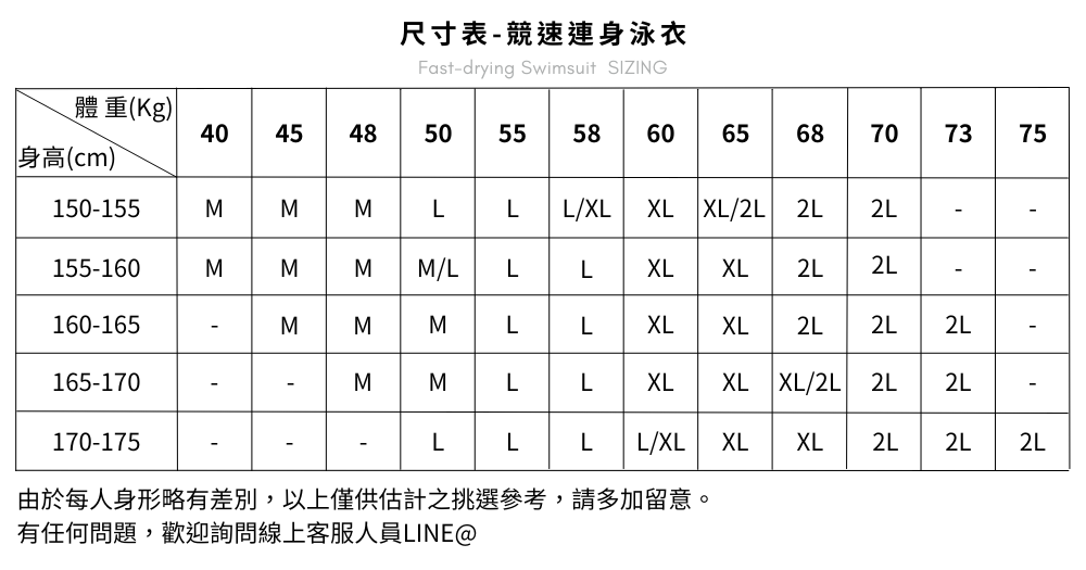 Haolang 尺寸表 -連身泳衣