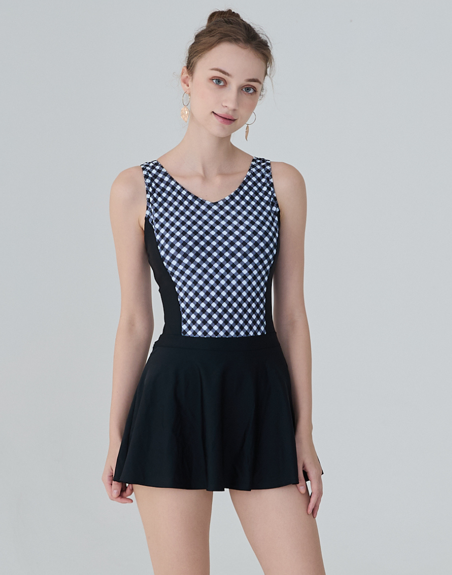 Haolang 黑白格紋連身裙泳衣