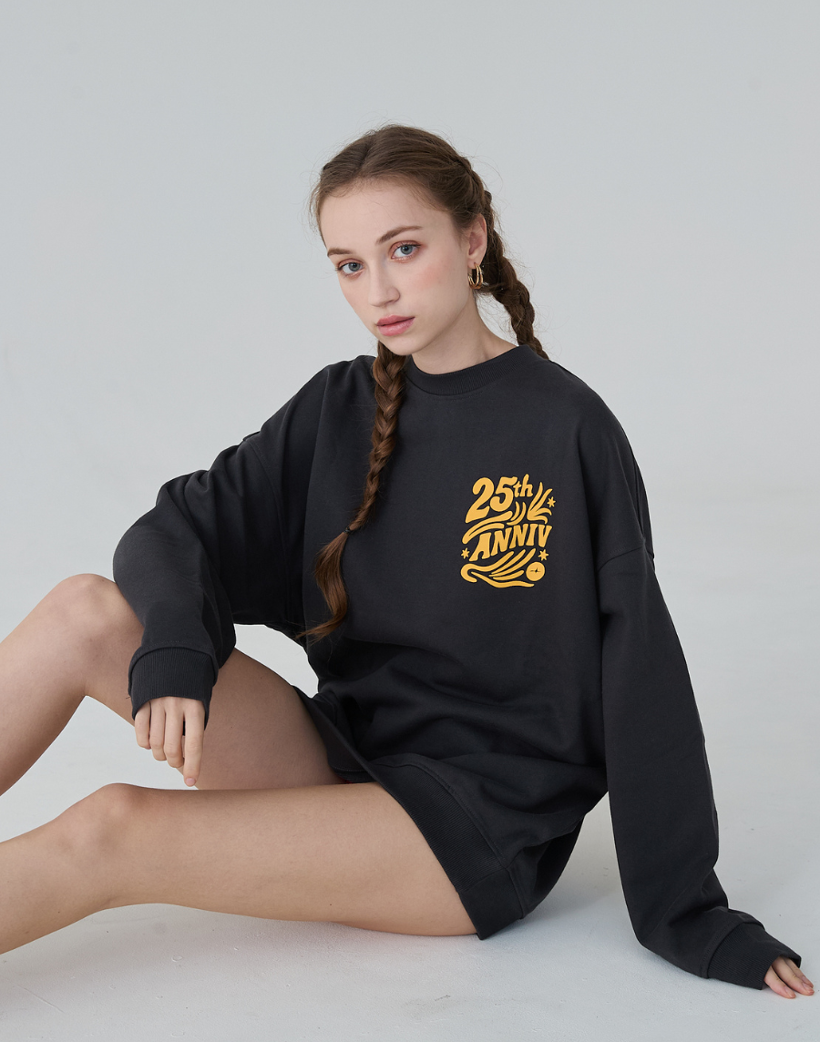 Haolang 中性厚磅落肩大學T深灰色