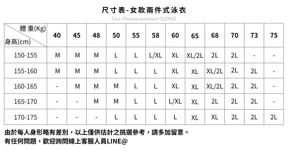 Haolang 尺寸表-長袖短版泳衣
