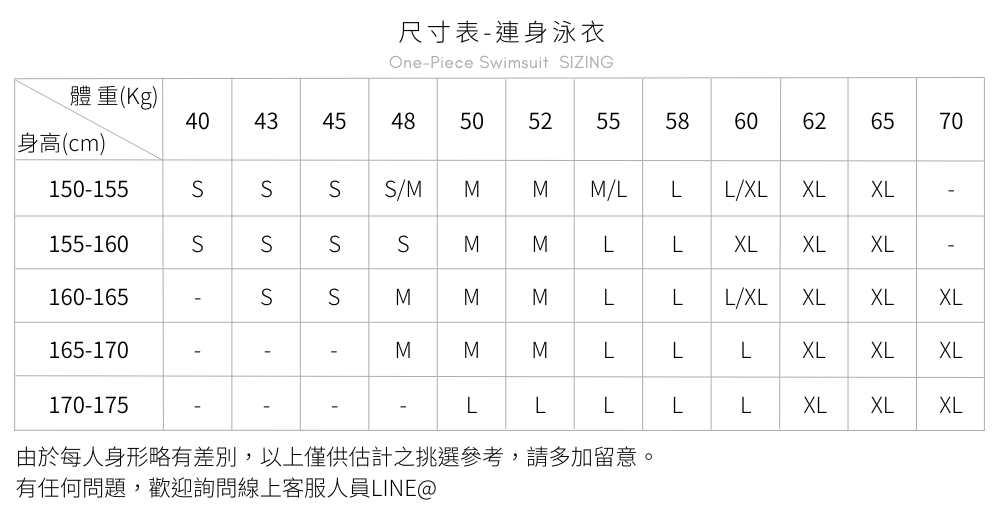Haolang尺寸表 -游泳連身泳衣