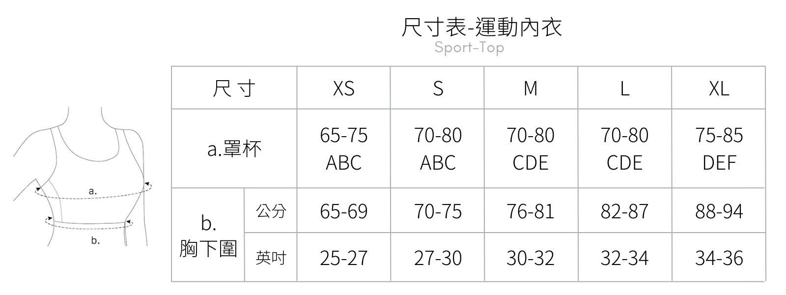 尺寸表 -運動內衣