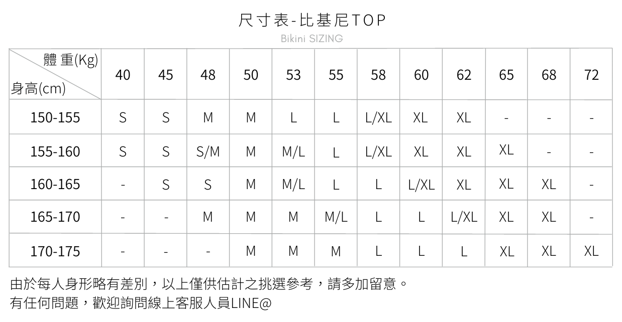 Haolang 尺寸表-兩件式比基尼