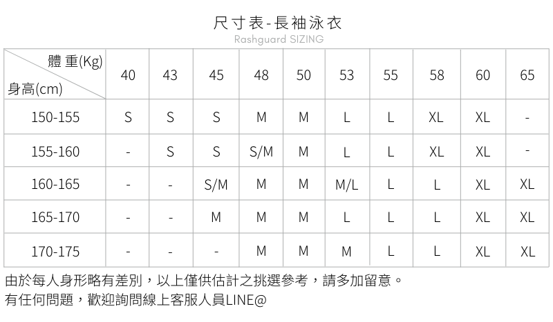 Haolang 尺寸表 -長袖泳衣