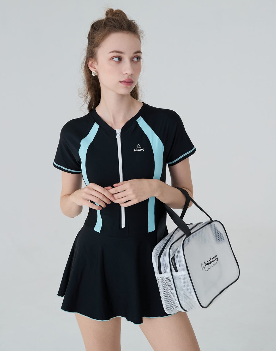 Haolang 拼色短袖拉鍊連身裙泳衣