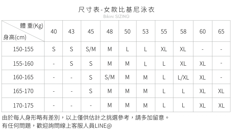 Haolang 尺寸表-兩件式比基尼