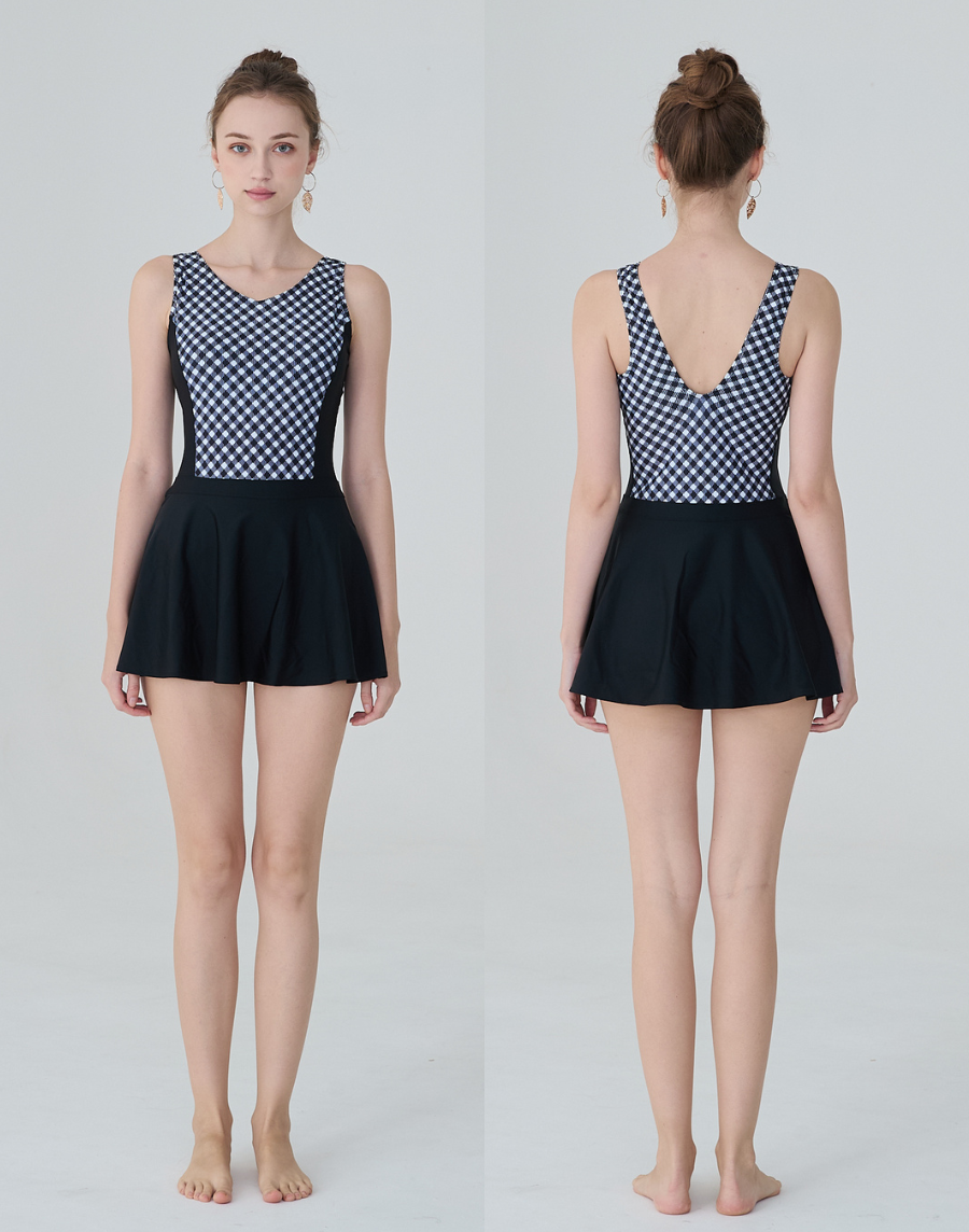 Haolang 黑白格紋連身裙泳衣